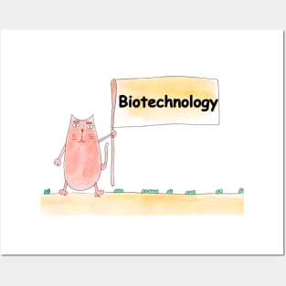 Biotechnology. Profession, work, job. Cat shows a banner with the inscription. Watercolor illustration. A gift for a professional. Posters and Art